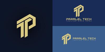 Abstract initial letter PT or TP logo in yellow color isolated in multiple deep blue backgrounds applied for software company logo also suitable for the brands or companies have initial name TP or PT. vector