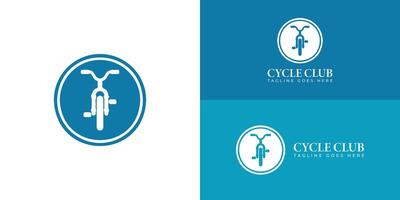 The bicycle logo in a rounded emblem is presented with multiple white and blue background colors. The logo is suitable for the cycle club community logo design inspiration template vector