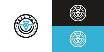 Modern emblem logo for the van conversion company constructed by abstract initial letter R and V logo in black and blue color also suitable for the brand or company that has initial name RV or VR vector