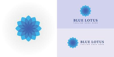 Abstract flower lotus logo with multiple gradient blue colors presented with multiple white and pastel background colors. The logo is suitable for wellness and spa business logo design inspiration vector