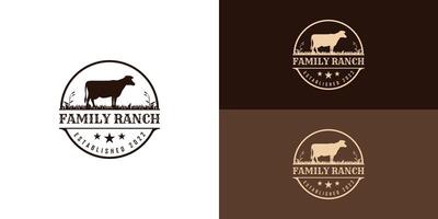 Retro vintage farm cattle Angus livestock logo design vector in black circle shape presented with multiple white and brown background colors. The logo is suitable for farm and ranch logo design
