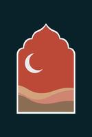 Minimalist design Ramadan Mubarak greeting card. Window and arch with moon, mosque dome. vector