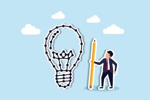 Connecting dots solving puzzles, innovating business ideas with creativity, challenging thinking processes concept, businessman holding pencil connecting dot puzzle as new lightbulb idea. vector