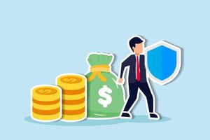 Protecting wealth through diversified investment portfolios in volatile markets or safeguarding savings during financial crises, businessman expert with strong shield to protect money coins stack. vector