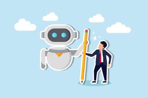 AI collaborates with humans, robots, or automation to enhance success, raising job uncertainty due to replacing human employment concept, frustrated businessman working with pencil with AI robot. vector