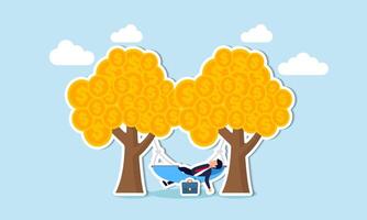 Earning passive income effortlessly through profits or dividends from investments, achieving financial freedom concept, happy rich businessman sleeping in hammock tied on money tree with dollar coins vector