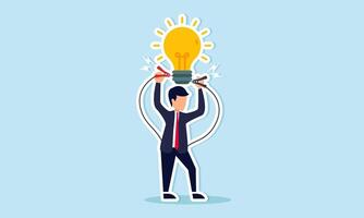 Kickstart new business idea with problem solving knowledge and creative solutions concept, businessman connect electricity to lightbulb idea to lit up bright metaphor of solution idea. vector