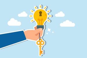 Success key creative problem solving, innovation, and unlocking career potential through knowledge concept, businessman hand giving bright lightbulb idea with keyhole and golden key to unlock it. vector