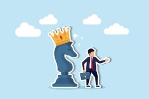 Strategic decision making by leadership navigates business challenges, employing tactics to overcome obstacles and win, smart businessman pointing finger to direct chess knight with king crown. vector