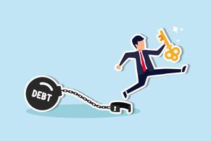 Attaining debt freedom involves paying off debts like loans or mortgages, utilizing financial solutions such as savings investments, happy businessman holding golden key after unlock debt burden chain vector