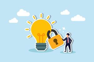 Intellectual property safeguarded by patents, copyrights, and trademarks, preventing duplication concept, businessman owner standing with light bulb idea locked with padlock for patents. vector