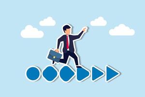 Business evolves, implementing plan for progress, growth, and transformation concept, confidence businessman business owner walk on circle transform to triangle forward arrow. vector