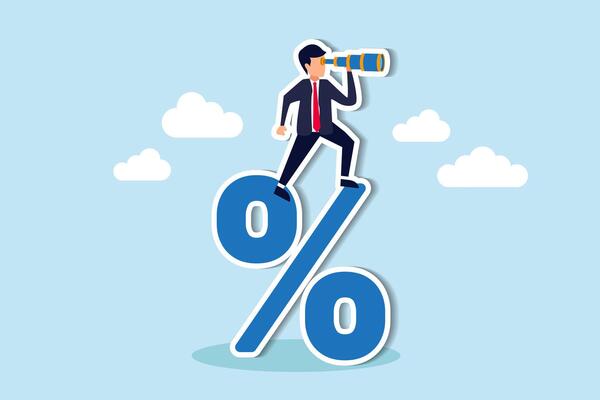 Predicting interest rates, analyzing Fed central bank policies, seeking profitable investments  banking loan payments concept, confident businessman climb up percentage sign see vision on telescope.