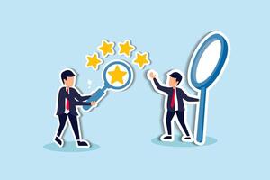 Appraisal assessing quality value, property rating, analyzing employee performance concept, businessman with magnifying glass with stars quality score. vector