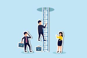 Motivation and hopefulness drive problem solving, facing challenges with courage to attain freedom and overcome fear concept, businessman climb up ladder to light shining way out. vector