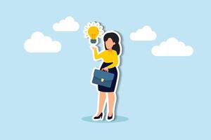 Businesswoman strategizing ideas, solutions, career planning, leveraging expertise to solve problems professionally concept, cheerful businesswoman got new idea lightbulb in her hand. vector