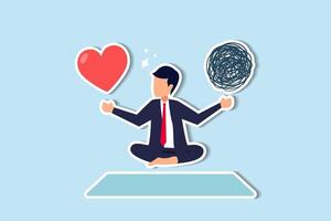 Balancing work focus and mental health for stress management, emphasizing work-life balance, meditation, and relaxation businessman meditate floating balancing messy chaos and work passion heart shape vector