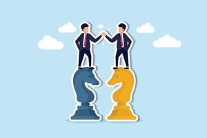 Effective negotiation Partner decisions, collaborative strategy for joint success concept, businessman leader shaking hand on knight chess metaphor of agreement. vector