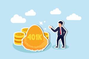 401K investment, tax deferred mutual fund for financial success in retirement concept, happy young businessman investor stand with wealthy golden egg with word 401K and dollar money coin stack. vector