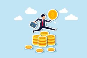 Investment success wealth growth or riches via pension, mutual funds, stock market returns, financial triumph concept, rich businessman jump high on money coin stack vector