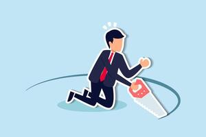 Business or financial errors worsen situations due to wrong decisions or foolishness concept, foolish frustrated businessman sawing the floor to self sabotage or make himself fall with failure. vector