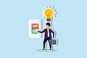 Innovative solutions for business success ideas, strategies, problem solving concept, smart businessman turn on lightbulb switch to lit up idea. vector