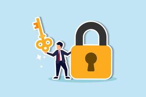 Unlocking business challenges with golden keys, professionals providing solutions, keys to success and accessibility concept, smart businessman holding golden key to unlock the pad. vector