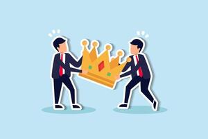 Workplace conflict Job rivalry, jealousy among colleagues concept, angry coworker fighting by pulling golden crown metaphor of job promotion position. vector