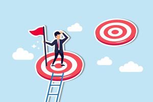 Achieving challenges higher targets propels towards the next level, advancing bigger business goals and aspirational, success businessman climb up ladder reaching goal and looking for next bigger step vector