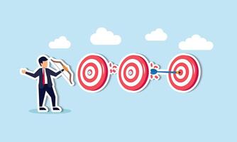 Completing multiple tasks in a single action provides a business advantage, enhancing efficiency to achieve numerous targets, smart businessman archery hit multiple bullseye with single arrow. vector