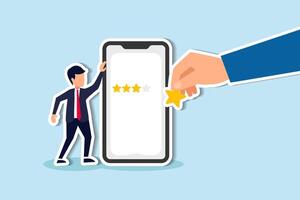 Customer experience rating 5 stars, feedback from service or application users, enhancing user satisfaction concept, businessman standing with mobile phone with giant hand rating five stars. vector