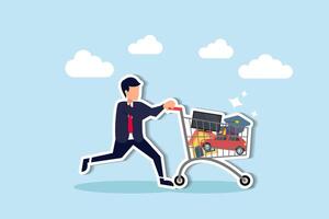 Expense planning managing living costs, budget, debt, bills, and credit card payments for personal finance concept, young man with house, car, credit card, education and utilities cost shopping cart vector
