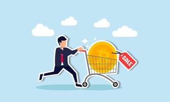 Buying discounted Bitcoin during price crashes for profit concept, smart man buying or purchasing crypto currency Bitcoin in shopping cart trolley to speculate earning in the future. vector