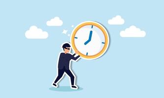 Time theft or procrastination hinders productivity efficient work meets deadlines, strategizes, and accomplishes tasks concept, burglar thief stealing time clock and run away. vector