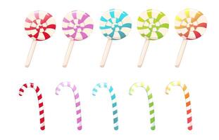 Collection of sweet spiral lollipops on white sticks. Multicolored sugar candies. A set of holiday candy canes. Christmas caramel candy cane with striped pattern. vector