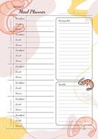 Weekly meal planner. Vertical vector page template A4 format. Meal planning and grocery, shopping list.