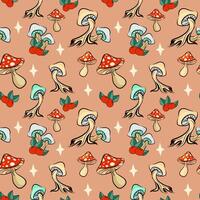 Vector seamless mushroom background for t-shirt, mug, bag, postcard design. Magical fly agaric and berry repeating pattern for print.