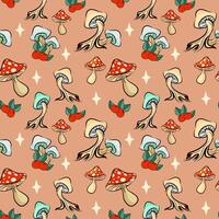 Vector seamless mushroom background for t-shirt, mug, bag, postcard design. Magical fly agaric and berry repeating pattern for print.