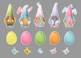 Sticker set with Easter eggs, gnomes and butterflies. Collection of Easter gnomes with bunny ears, colorful eggs. vector