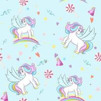 Seamless pattern with winged unicorn and rainbow for fabric or wallpaper, gift wrapping paper. Vector illustration in pastel colors for baby clothes. Repeating background.