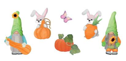 Fall Set. Cute gnomes with bunnies and pumpkins for autumn design. Vector illustration on white background.