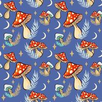 Seamless mushroom background. Magical fly agaric repeating pattern for print. Esoteric theme. Vector pattern with mushrooms for design t-shirts, mugs, bags, postcards.