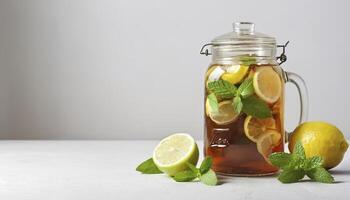 AI generated Ice tea in glass jar served with limes, lemons and mint over white texture background photo