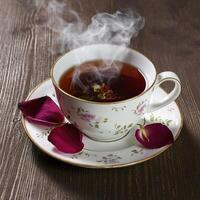 AI generated Black tea in a ceramic cup with rose petals over a brown texture background photo