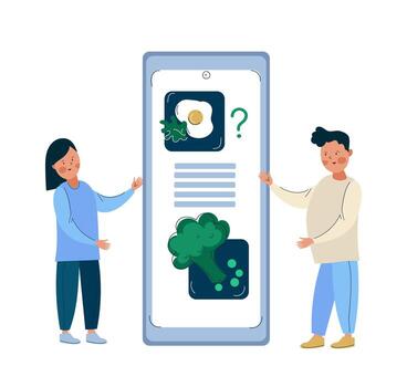 Mobile application for calorie counting. Idea of healthy nutrition and meal portion.  Girl counting calories with smartphone app vector