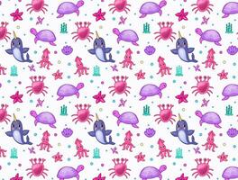 pattern sea animals. Marine life objects vector cartoon doodle 3d illustration