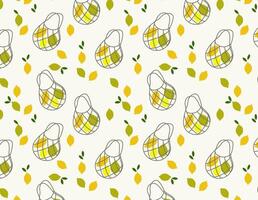 Seamless pattern Eco Mesh or net bag full of fresh organic lemons. Vector illustration in flat doodles style