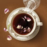 AI generated Black tea in a ceramic cup with rose petals over a brown texture background photo