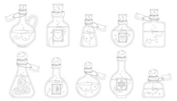 Coloring book of set of flasks with potion vector