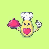 Cute Avocado Chef Holding A Metal Food Platter Mascot Character Vector Icon Illustration